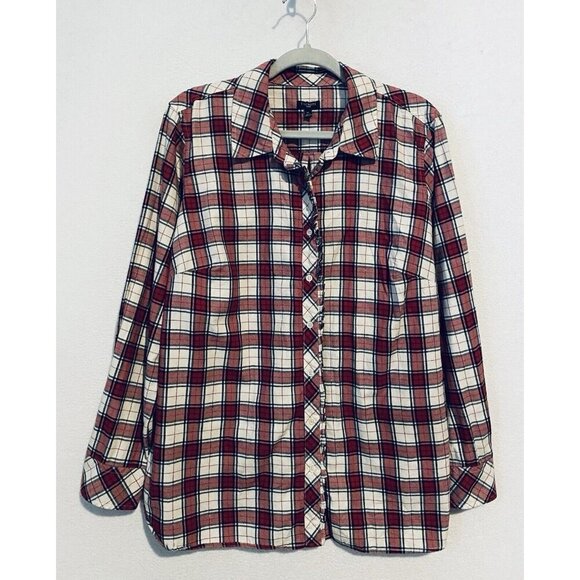 Talbots Top Womens 1X Red Metallic Plaid Button Up Ruffle Western Cottagecore - Picture 1 of 6